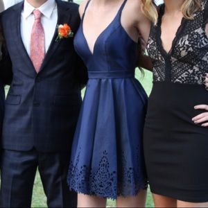 Sherri Hill 50678 Laser Cut Out Hem Mini Dress in navy, size 0. Like new!